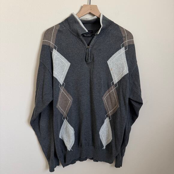Vintage Greg Norman 90s Mens Gray Argyle Quarter Zip Pullover Sweater Size Large - Picture 1 of 10